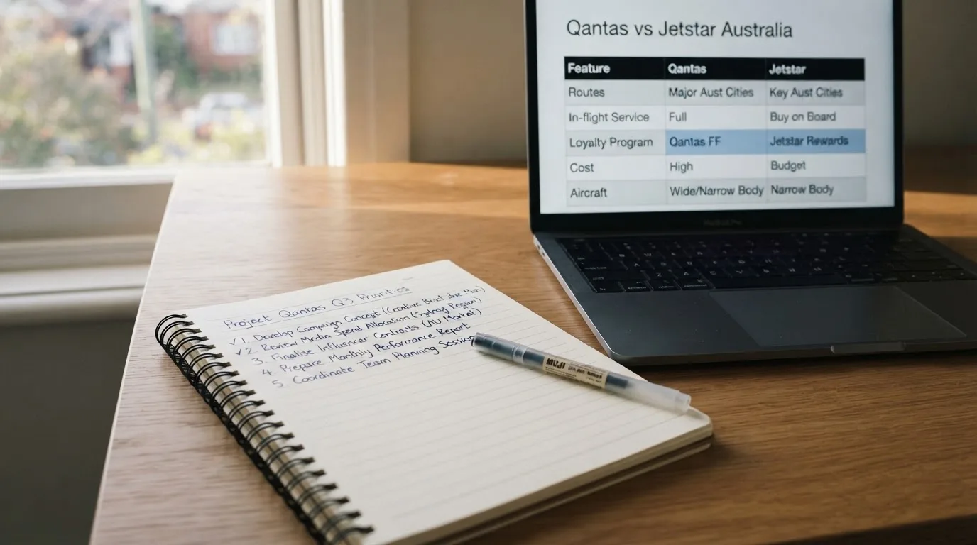 A notepad with a handwritten shortlist beside a laptop showing a comparison table.