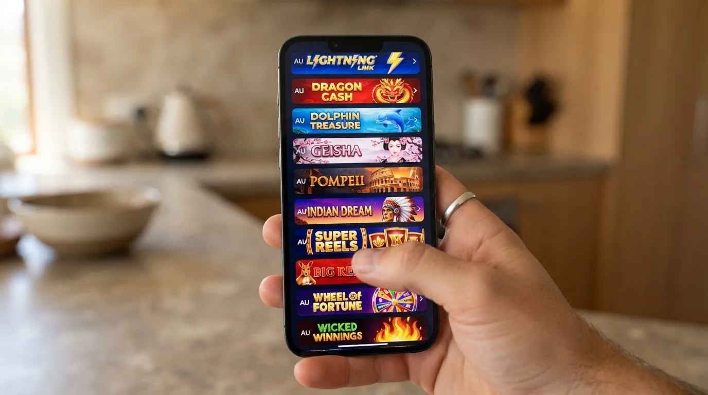 A hand scrolling a game list on a smartphone touchscreen.